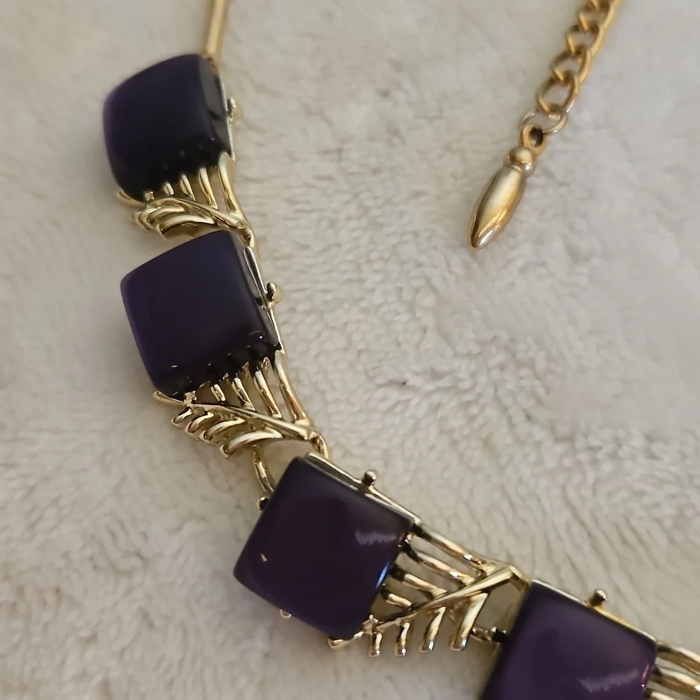 VTG CORO 1940s Purple Botanical Square Thermoset Choker Necklace Bracelet Set